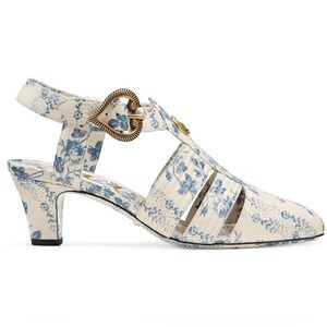 Gucci Gea GG Mid Heel Buds/Floral Blue Leather T-Strap  Sandal Pump EU37.5 US7.5